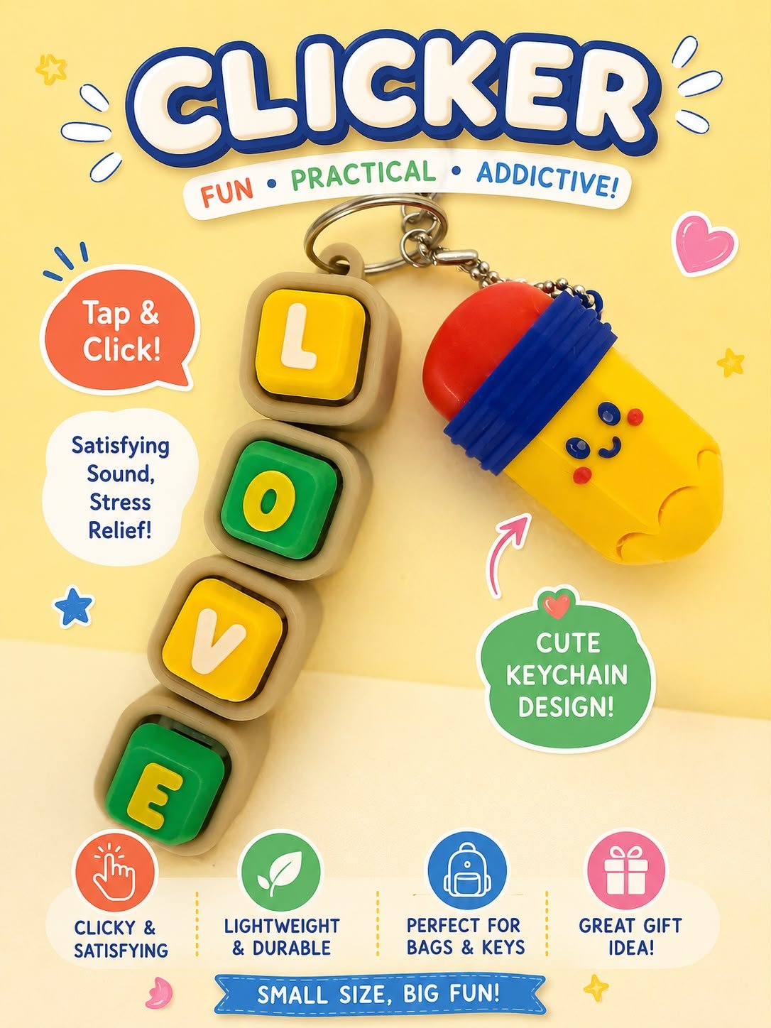 Custom name clicker with pencil clicky character add-on — LOVE keyring with smiling pencil charm