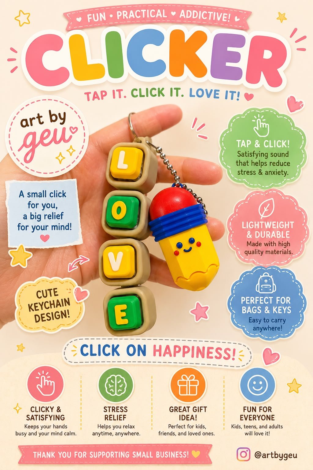 Custom name clicker held in hand, showing the LOVE keyring and pencil clicky character charm