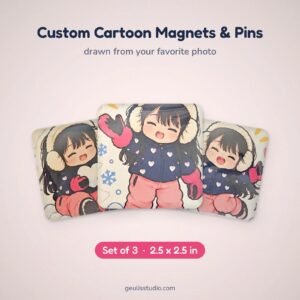 Set of three custom cartoon magnets and pins drawn from a photo, 2.5 x 2.5 inch squares