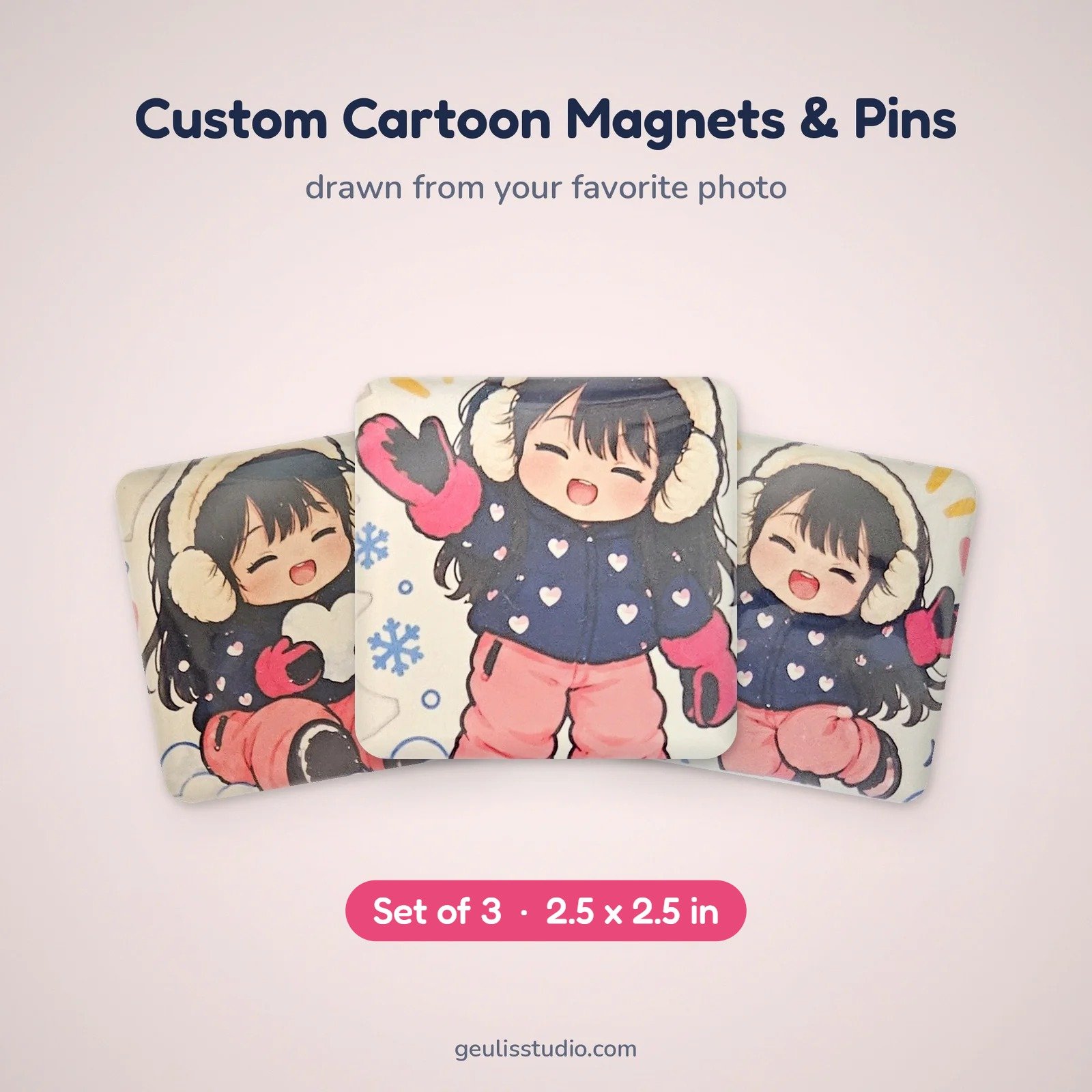 Set of three custom cartoon magnets and pins