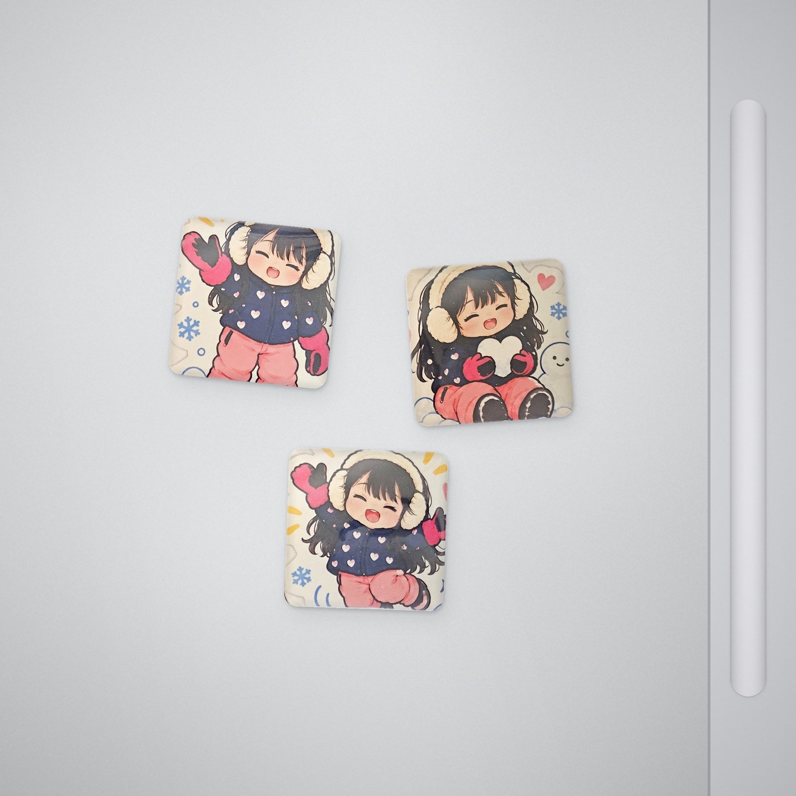 Custom cartoon magnets on a fridge