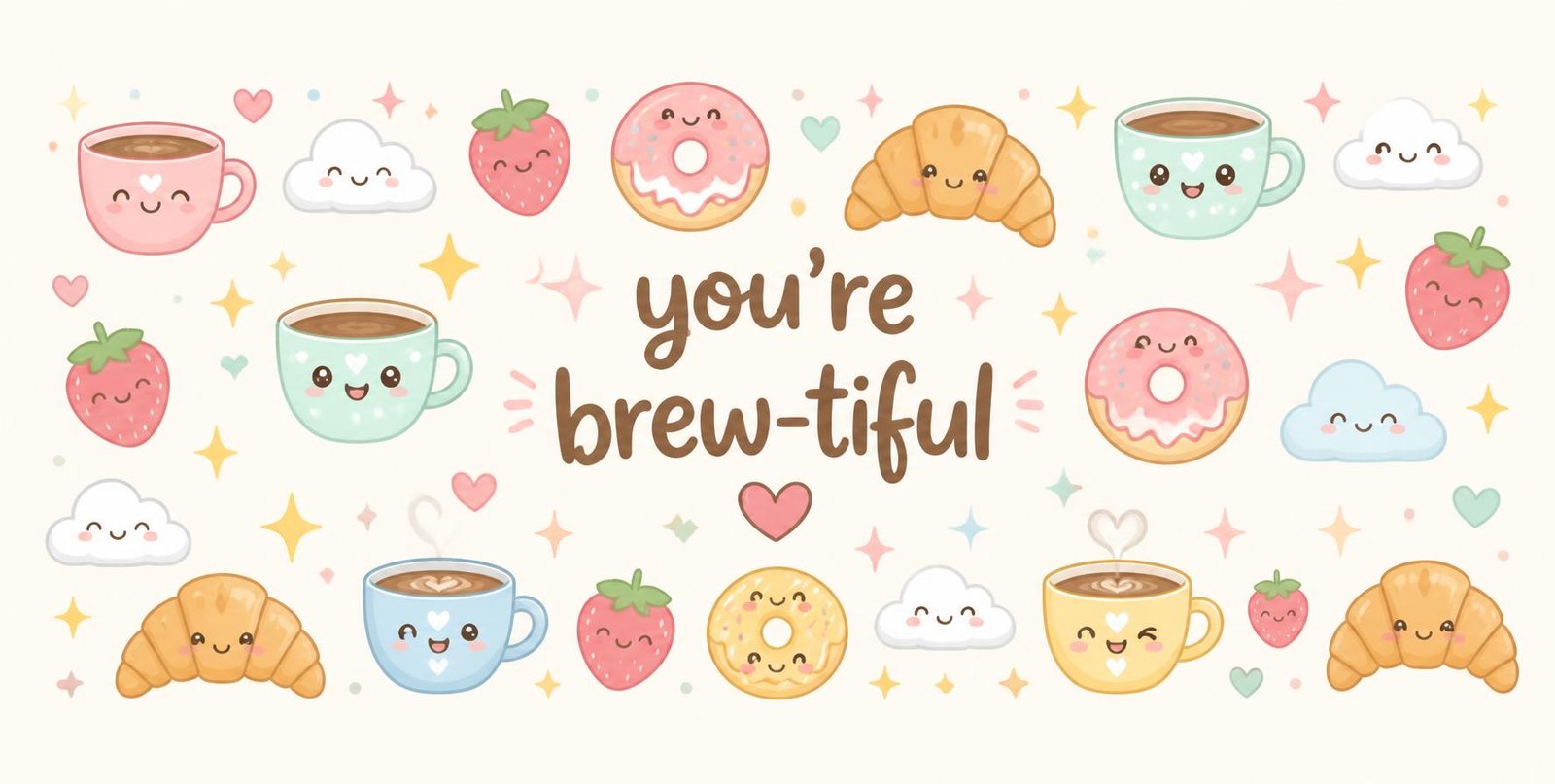 You are brew-tiful kawaii coffee mug full wrap design, printed all the way around