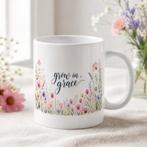 Grow in Grace watercolor wildflower mug, 15 oz white ceramic, full wrap