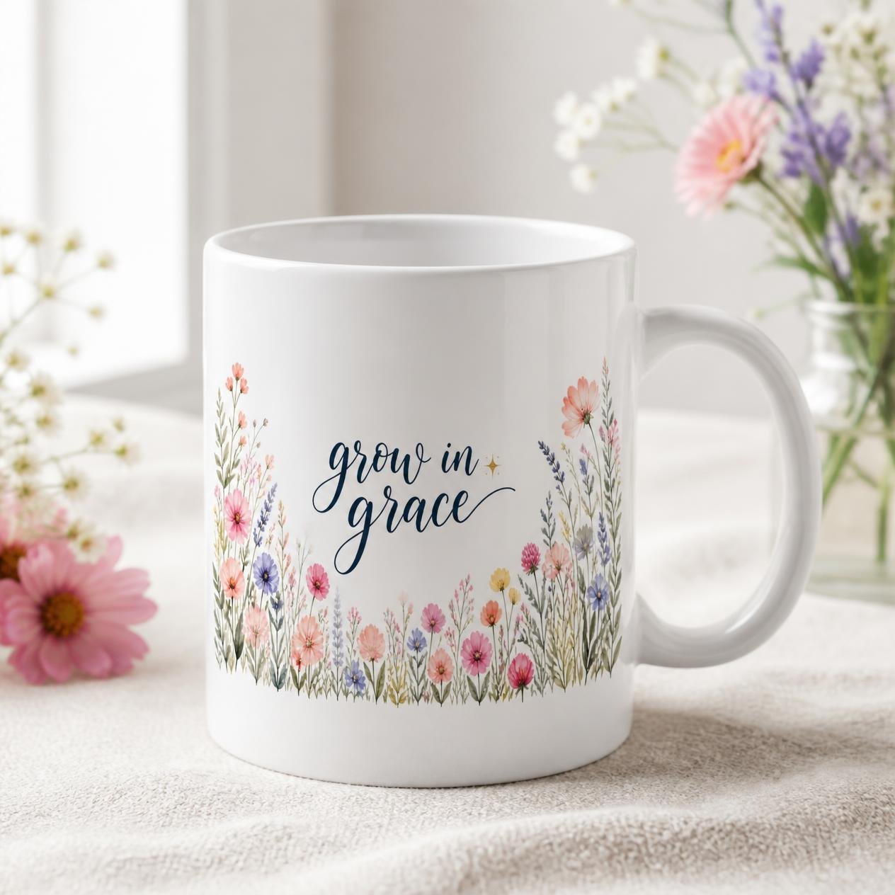 Grow in Grace watercolor wildflower mug, 15 oz white ceramic, full wrap