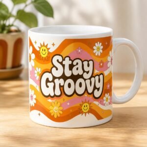 Stay Groovy retro 70s mug, 15 oz white ceramic, full wrap