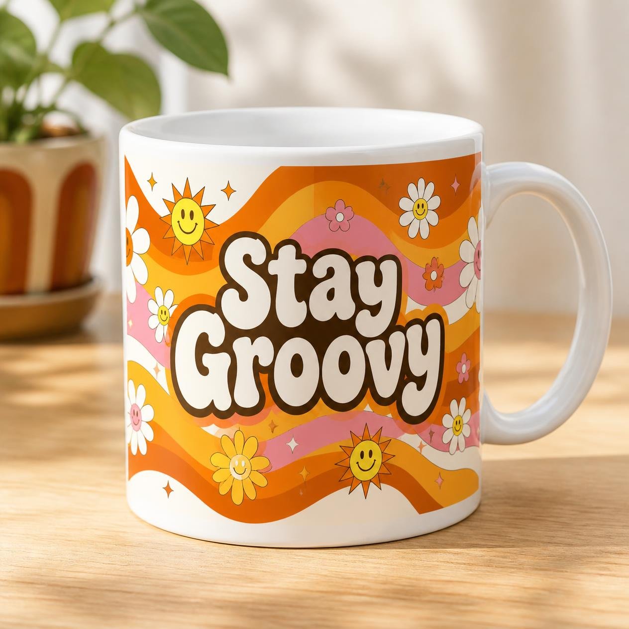 Stay Groovy retro 70s mug, 15 oz white ceramic, full wrap