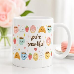 You are brew-tiful kawaii coffee mug, 15 oz white ceramic, full wrap