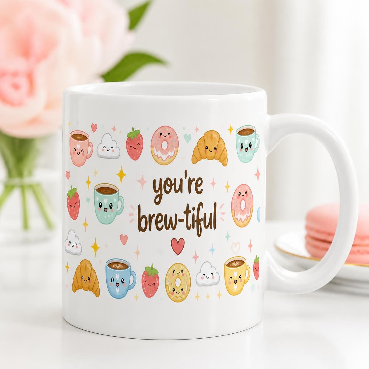 You are brew-tiful kawaii coffee mug, 15 oz white ceramic, full wrap