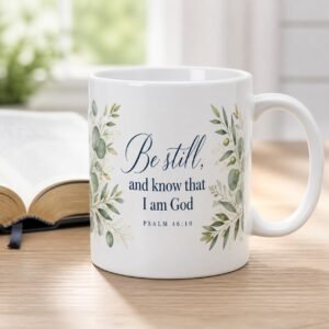 Be Still Psalm 46:10 eucalyptus mug, 15 oz white ceramic, full wrap