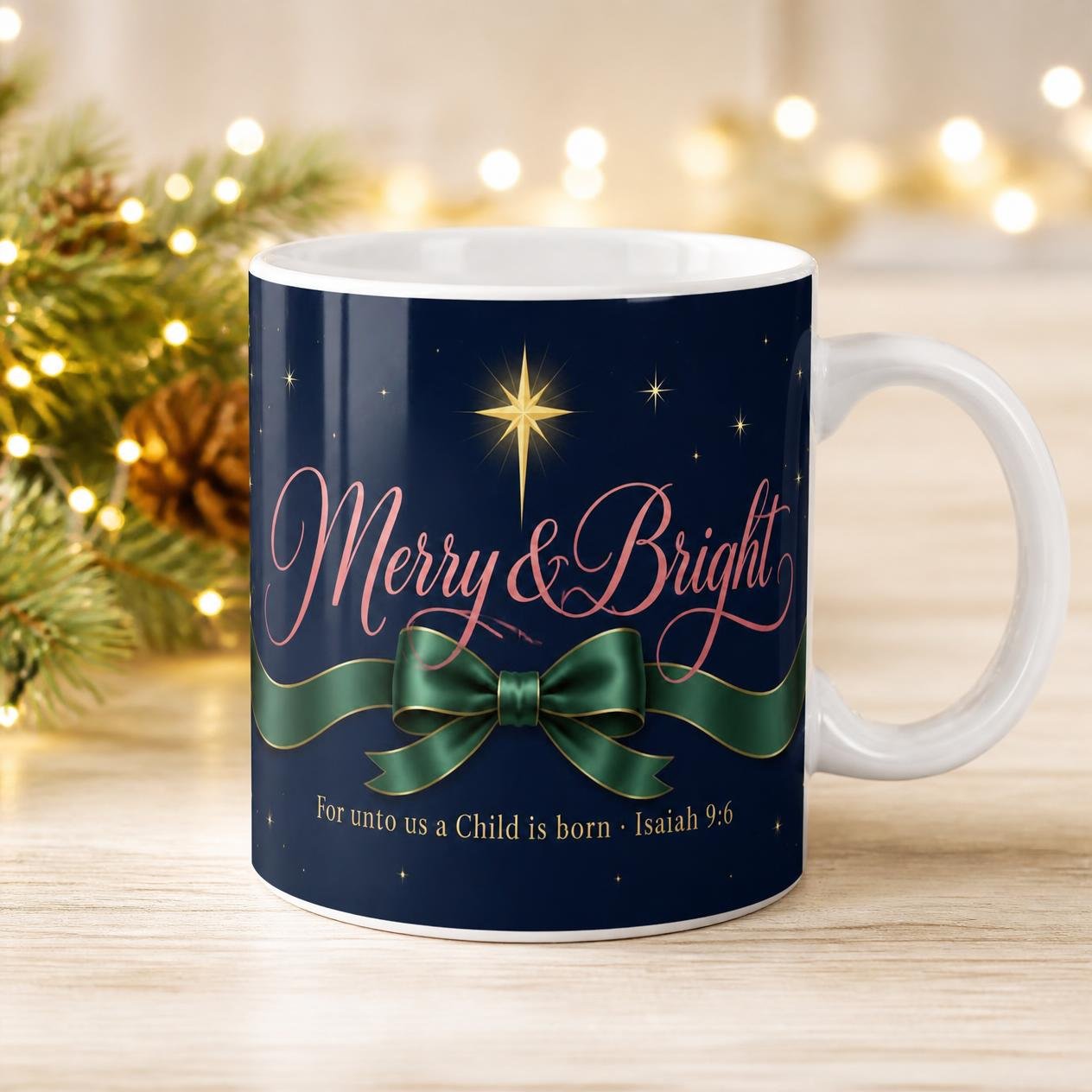 Merry & Bright Christmas mug with Isaiah 9:6, 15 oz white ceramic full wrap