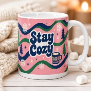 Stay Cozy retro Christmas mug, 15 oz white ceramic full wrap