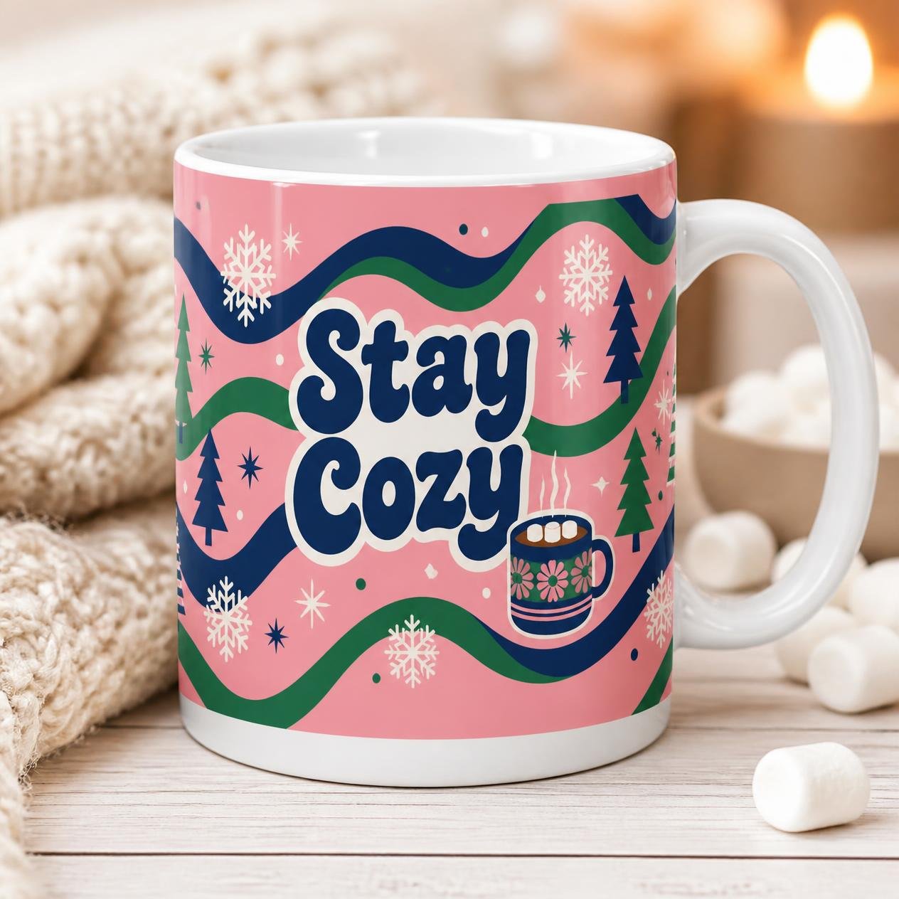 Stay Cozy retro Christmas mug, 15 oz white ceramic full wrap