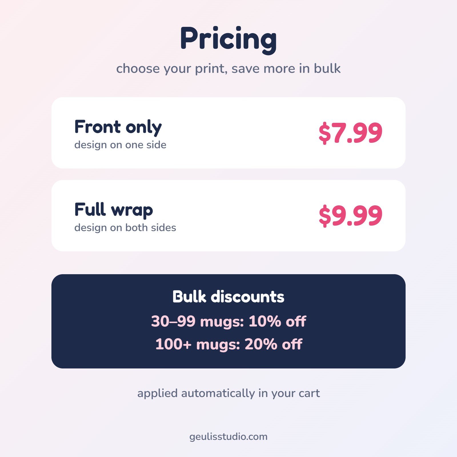 Custom mug pricing: $7.99 front only, $9.99 full wrap, bulk discounts