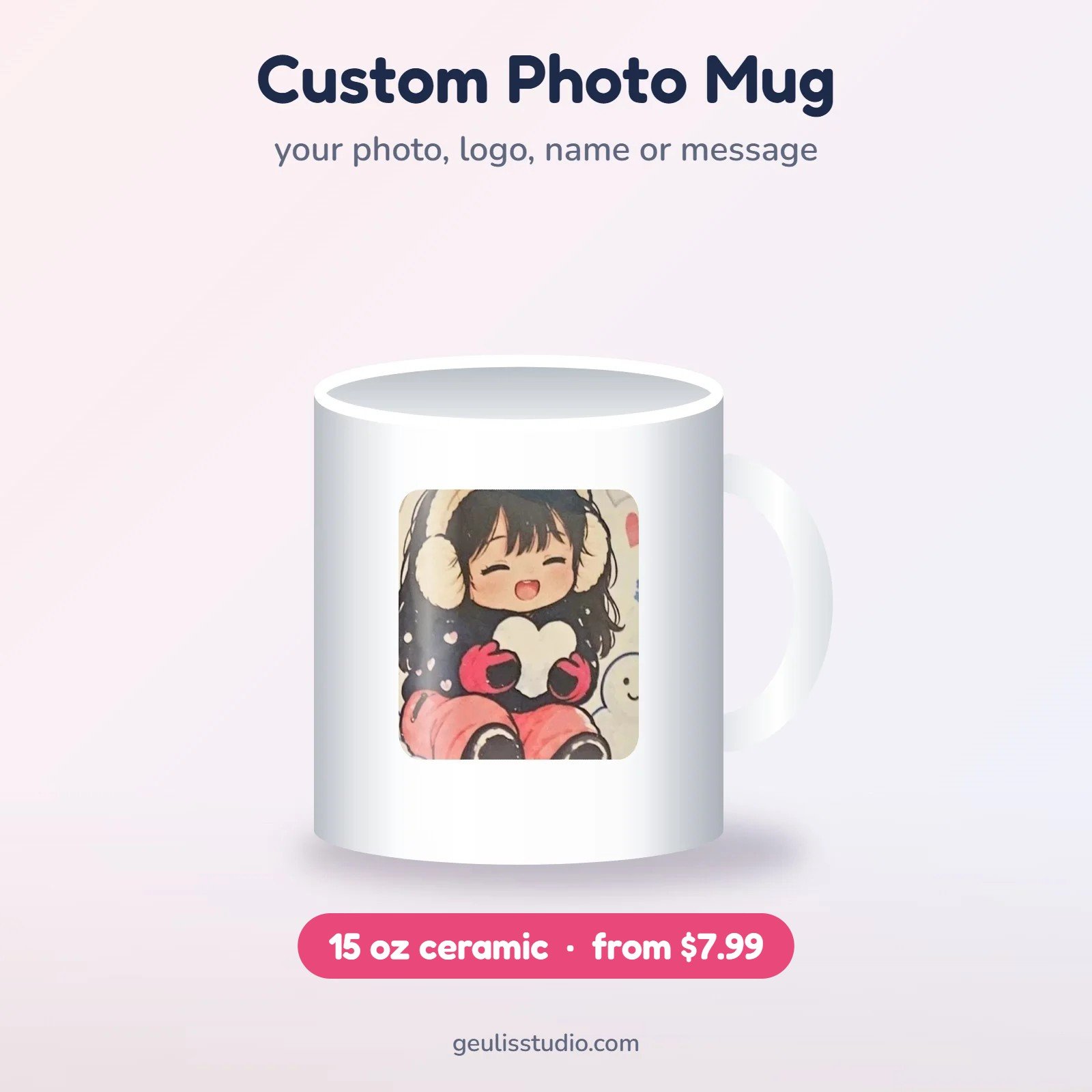Custom 15 oz white ceramic photo mug from $7.99