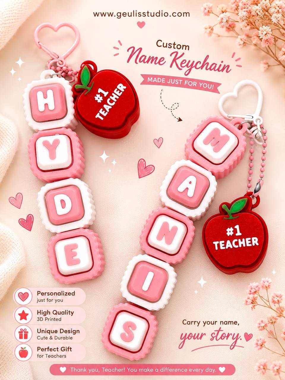 Personalized Teacher Name Keychain with Apple Charm detail
