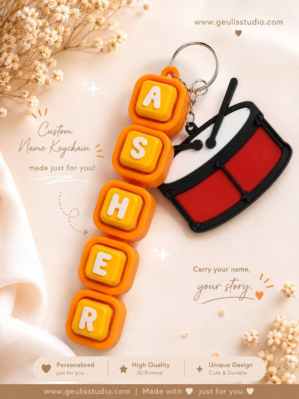 Personalized Name Keychain with Drum Charm & Alphabet Beads
