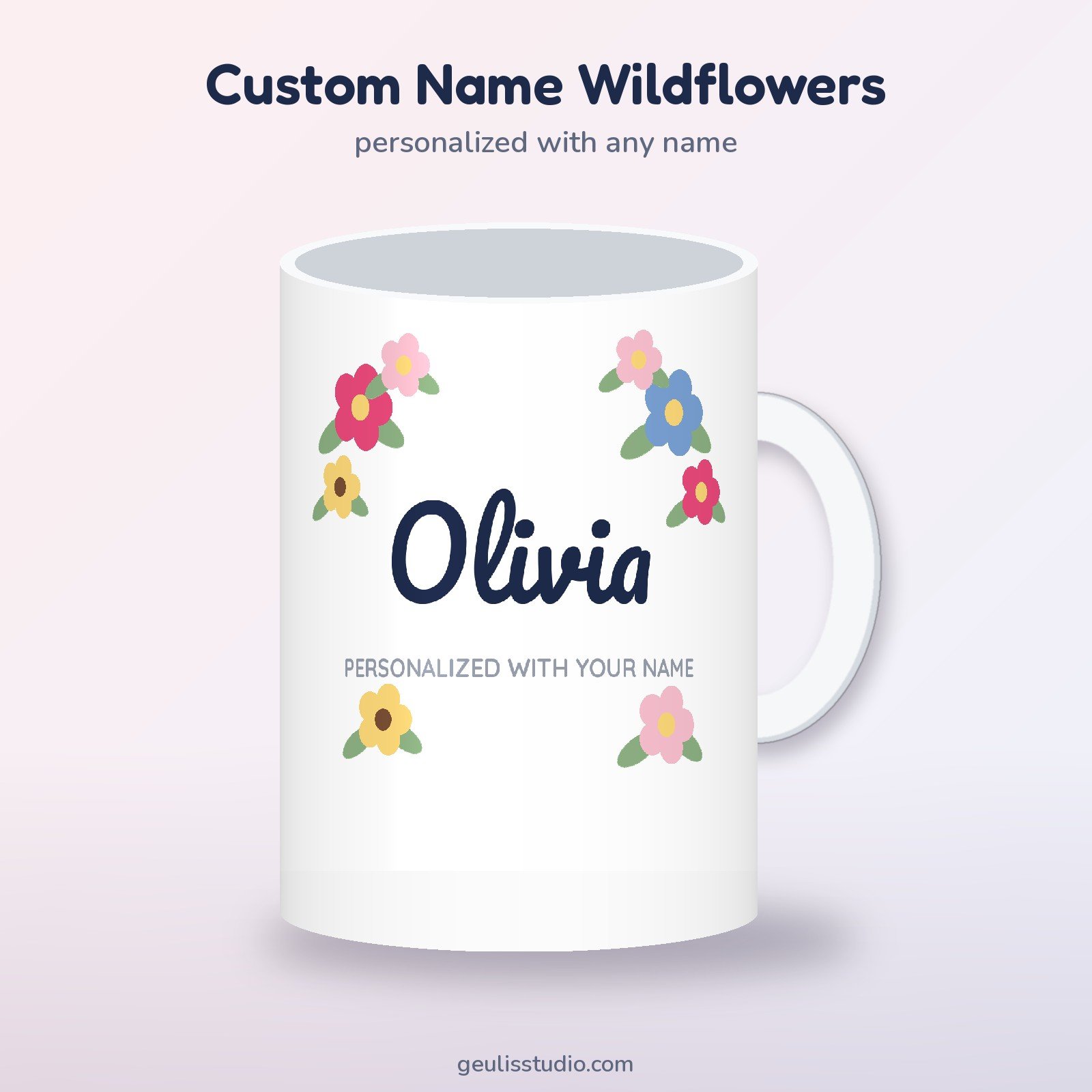 Custom name wildflower mug, 15 oz white ceramic